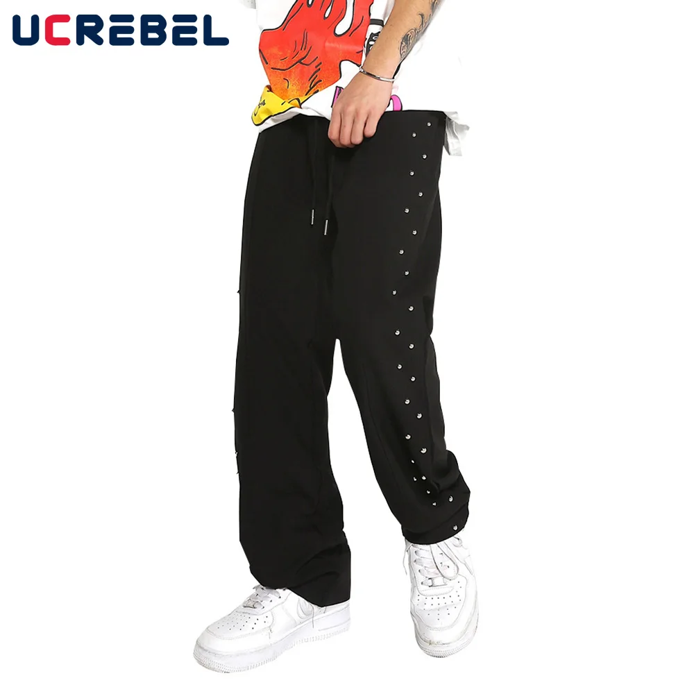 

Rhinestone Wide Leg Pants Mens High Street Elastic Waist Casual Pants Streetwear Loose Straight-leg Pants Men