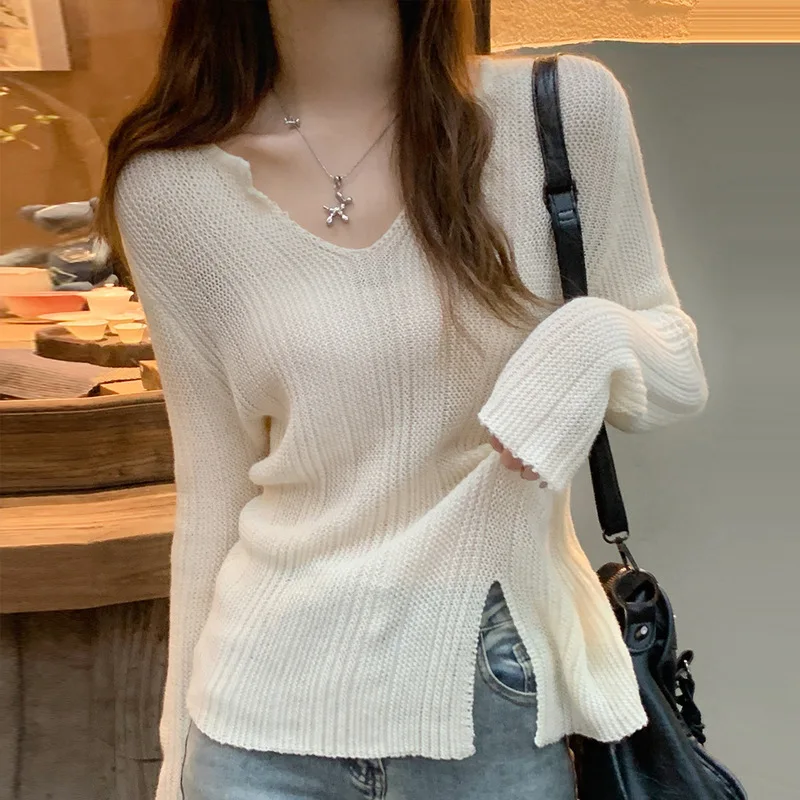 

Korean Fashion Knitted Sweater Women's 2023v Neck Knitwear Solid Color Long-sleeved Sweaters Women Pullover