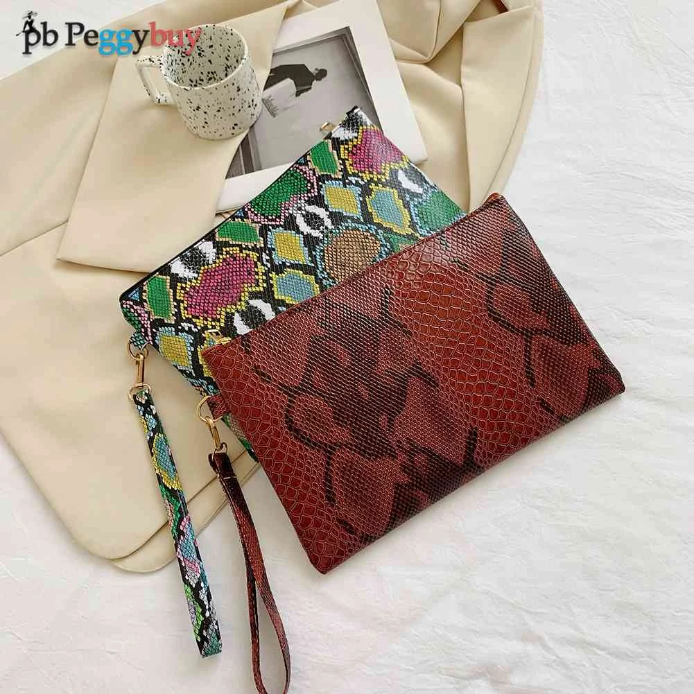

Women Wristlet Bag Vintage Women Leather Bag Pure Color Casual Fold Envelope Bag Outdoor Portable Snake Print Wallet