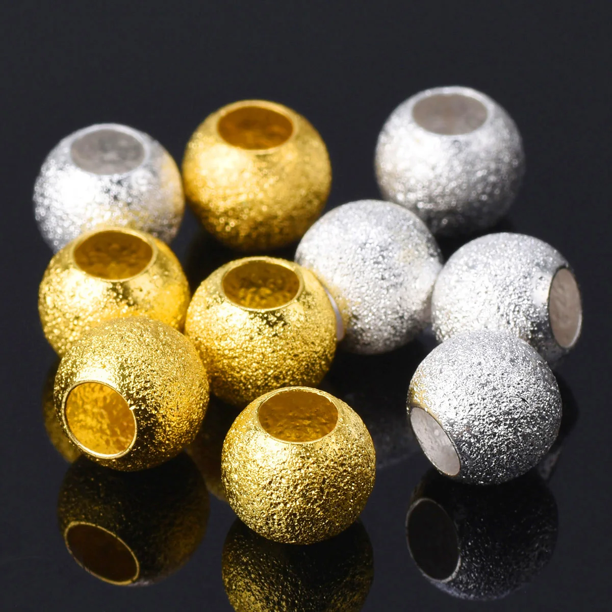 50pcs Plated Gold Color Silver Color Round 8mm Hollow Matte Metal Brass Loose Spacer Big Hole Beads For Jewelry Making DIY