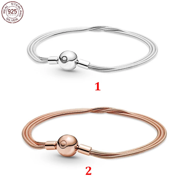 

925 Sterling Silver Rose Gold Multi-Loop Snake Bracelet fit Original Pamura Charm Beads Making DIY Women's Fine Jewelry