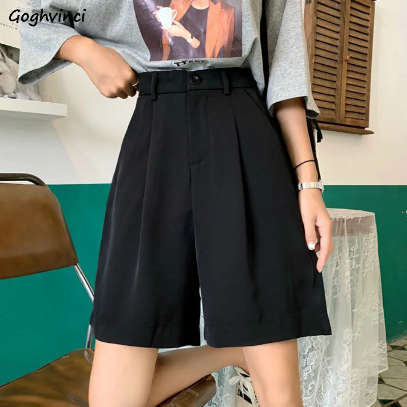 

Shorts Women Summer Button Knee-length Black Wide-leg Loose Drape Korean-style Casual Womens Office BF Streetwear Fashion Simple