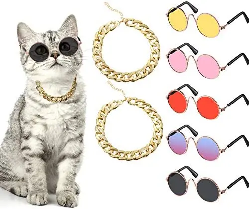 

7PCS Sunglasses for Cats Dog Sunglasses Gold Chain Costume Funny Cute Cat Glasses Retro Pet Cosplay (Vivid Colors, Lovely Style)