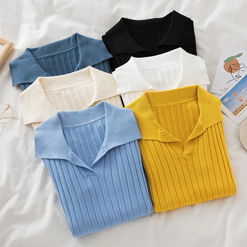 

Женский трикотажный свитер с отложным воротником, однотонный облегающий пуловер с длинным рукавом, Осень-зима 2023, 83 г