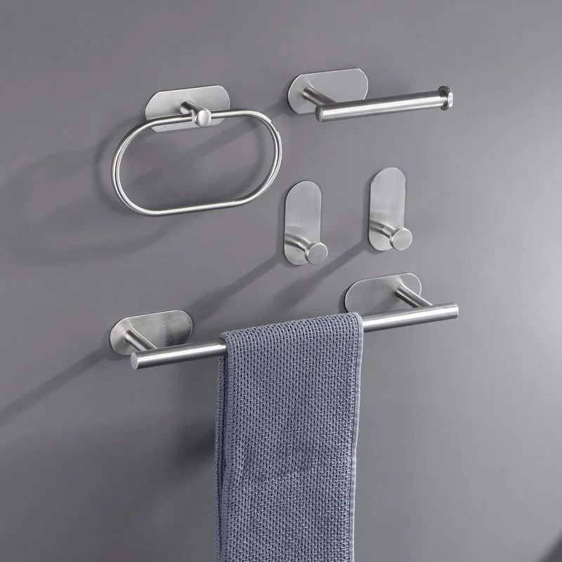 

No Drilling 304 Stainless Steel Self-adhesive Towel Bar Paper Holder Robe Hook Towel Ring Wall Mount Bathroom Accessories Sets
