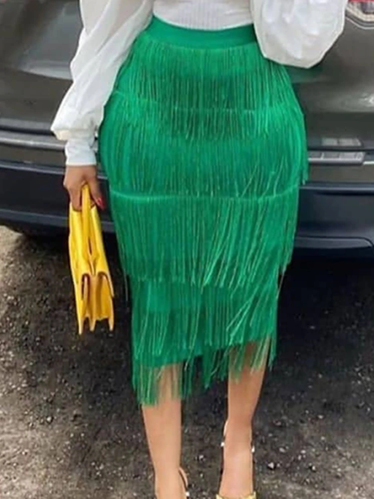 

Y2k Skirrt Green Bodycon Pencil Skirts Tassel High Waist Women Stretch Midi Skirt Elegant Ladies Slim Solid Party Club Dress