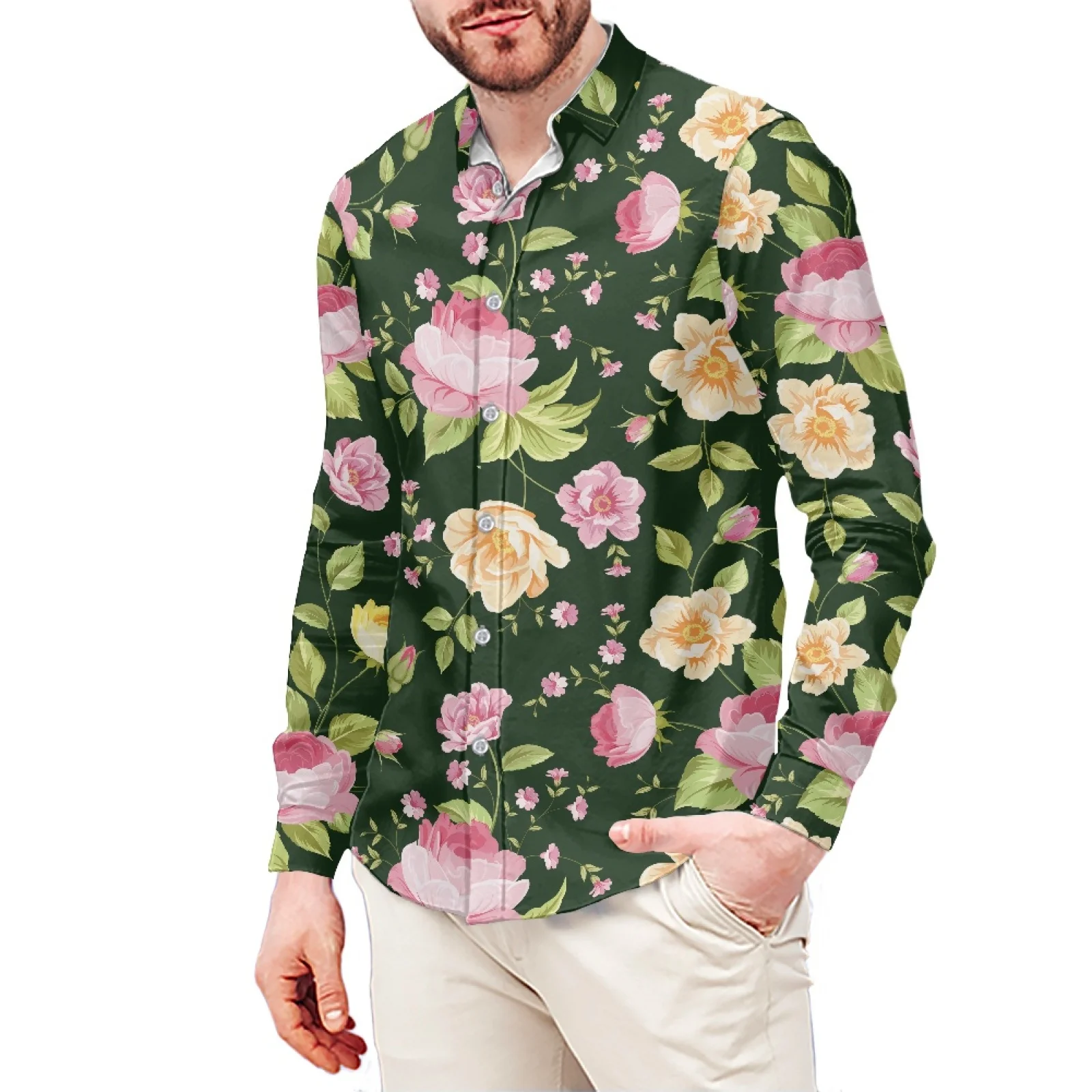 Pink Epiphyllum T-Shirt Polynesian Samoa Hawaiian Style Slim Long Sleeve Shirt Men's Dress Shirt Wedding S-6xl Fall/Winter