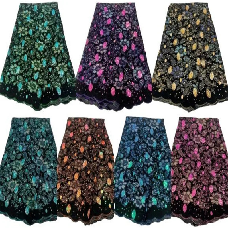 

Модная африканская Флокированная Кружевная Ткань 5 ярдов, высококачественные бархатные сетчатые кружева с лазерной резкой, нигерийские роскошные свадебные ткани