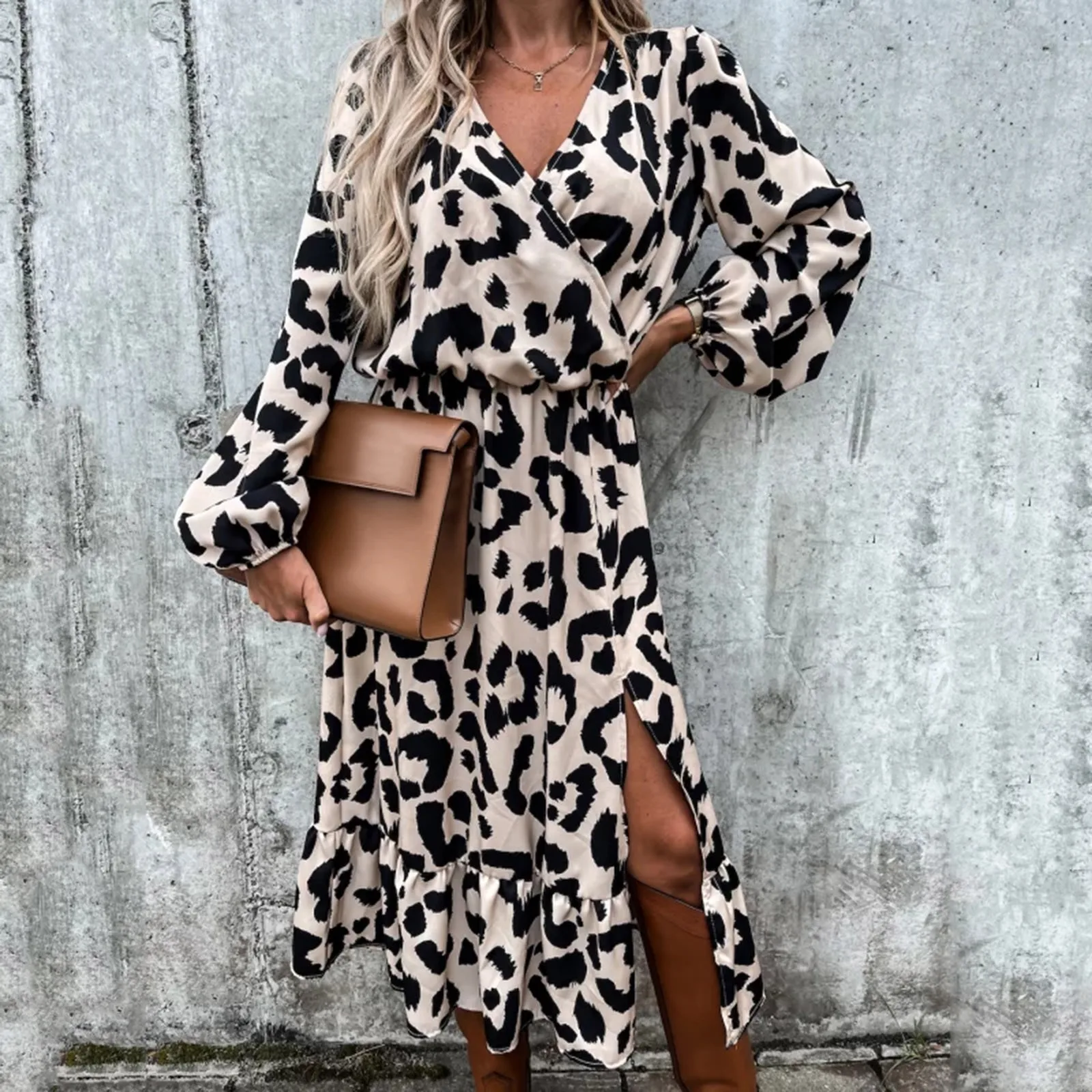 

Womens Fall Summer Deep V Neck Ruffle Long Sleeve Leopard Print Long Dress Summer Tunic