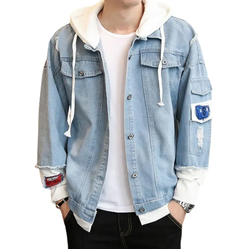 

Куртка мужская джинсовая приталенная, модная уличная одежда из денима, джинсовая куртка с капюшоном в стиле хип-хоп, Повседневная Свободная верхняя одежда, весна