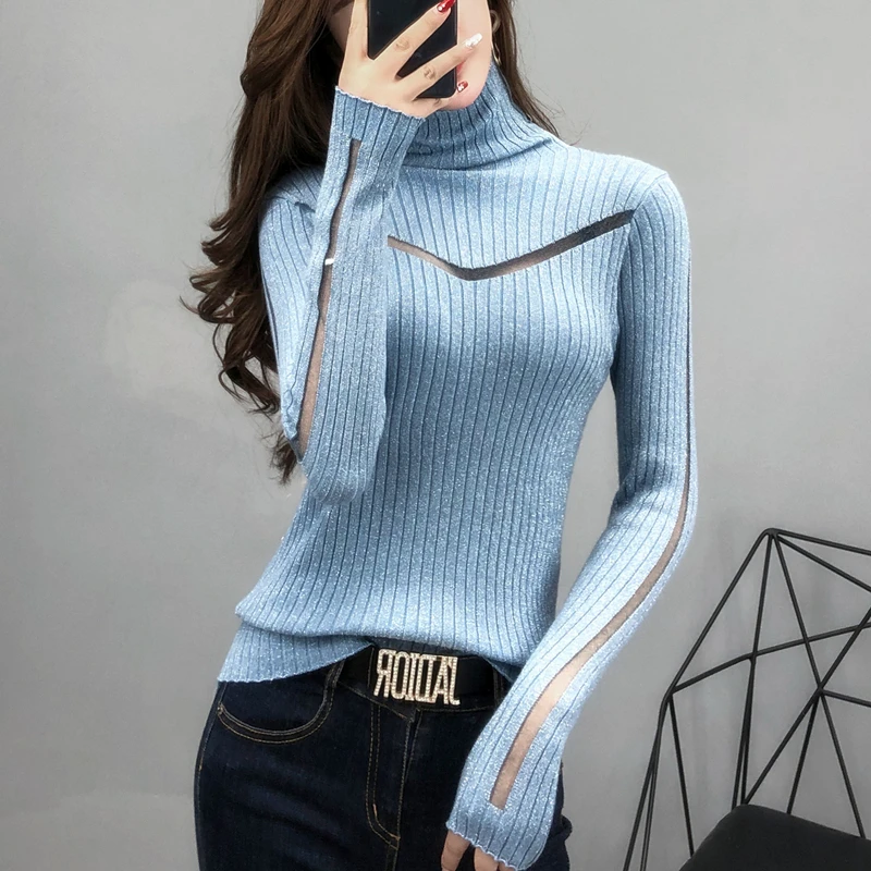 

Sexy Slim Turtleneck Sweater Female Long-Sleeved Perspective Mesh Splicing Knitwear Bright Pull Ladies Sweaters Pullover 706JP