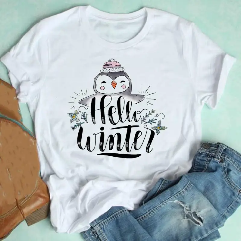 

Женская Милая футболка с изображением животных зима 2022 с надписью Merry Christmas Lady, модная футболка с графическим рисунком, красивый праздничный...