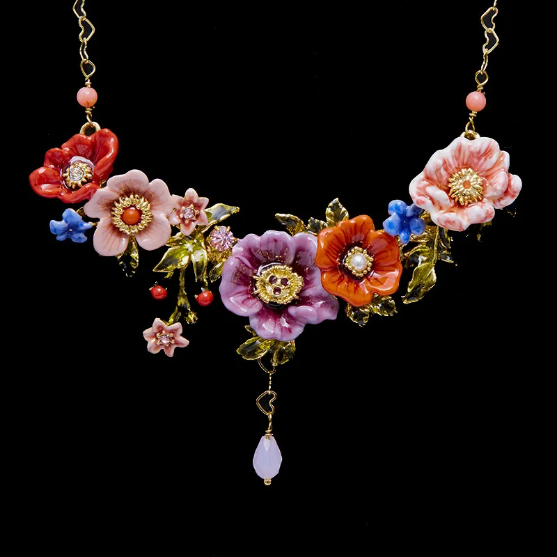 Enamel glaze flower cluster tassel necklace high-end luxury fashion peony flower green leaf collarbone chain