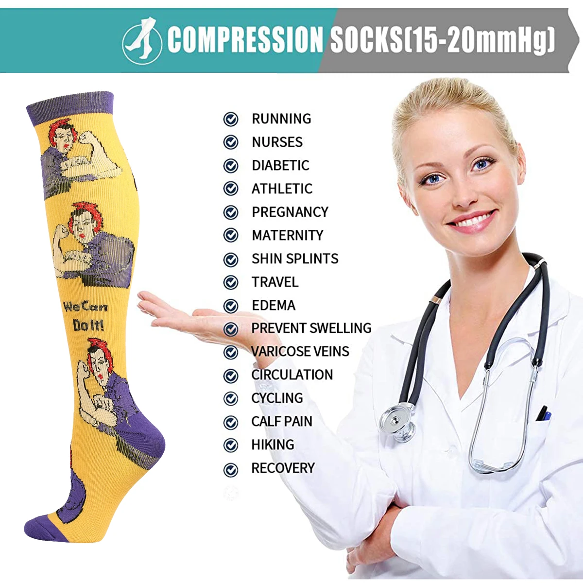 Men and Women Compression Socks Best Graduated Athletic 15-20 mmHg Nursing Socks Fit Running Flight Travel Outdoor Sports Socks