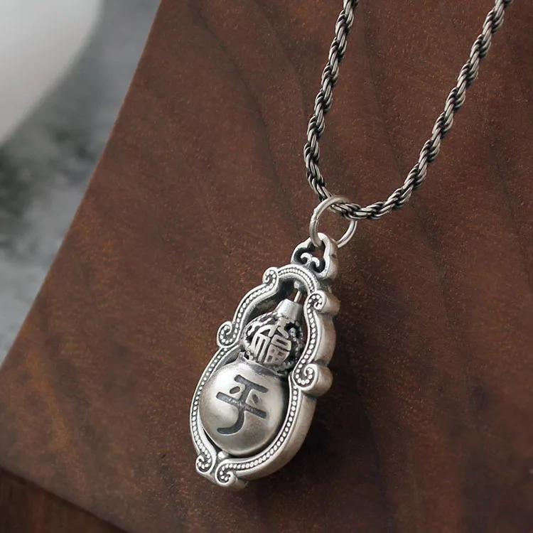 

New Vintage Silvery Colour Rotating Gourd Necklace Unisex Classic Sweater Chain Women's Banquet Pendant Party Gift