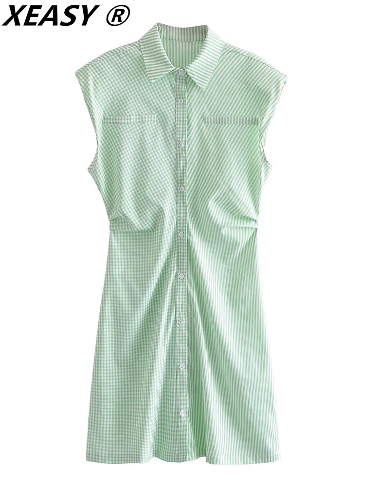 

XEASY Summer Dresses For Women 2022 Shirt Dress Casual Women clothing Vintage Dress Mini Shoulder Pads