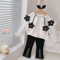 girls costumes sets autumn long sleeve big flower and turn down collar blousebell bottomed pant 2pcs 3 7t girls fashion outfit