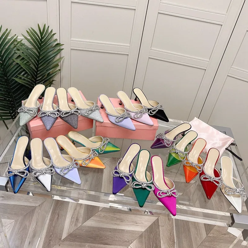

2022 new silk Rhinestone bow knot pointed high-heeled Baotou sandals women's thin heel half slippers wear Muller shoes outside