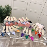 2022 new silk rhinestone bow knot pointed high heeled baotou sandals womens thin heel half slippers wear muller shoes outside