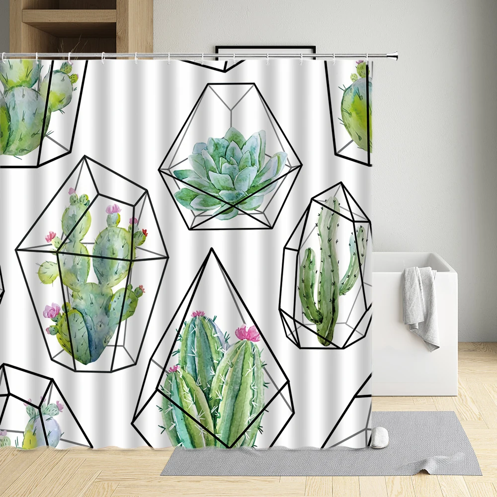 

Cactus Geometric Flower Nordic Style Shower Curtain Flower Pot Decoration Waterproof Cloth Bathroom Decor Bath Screen With Hooks