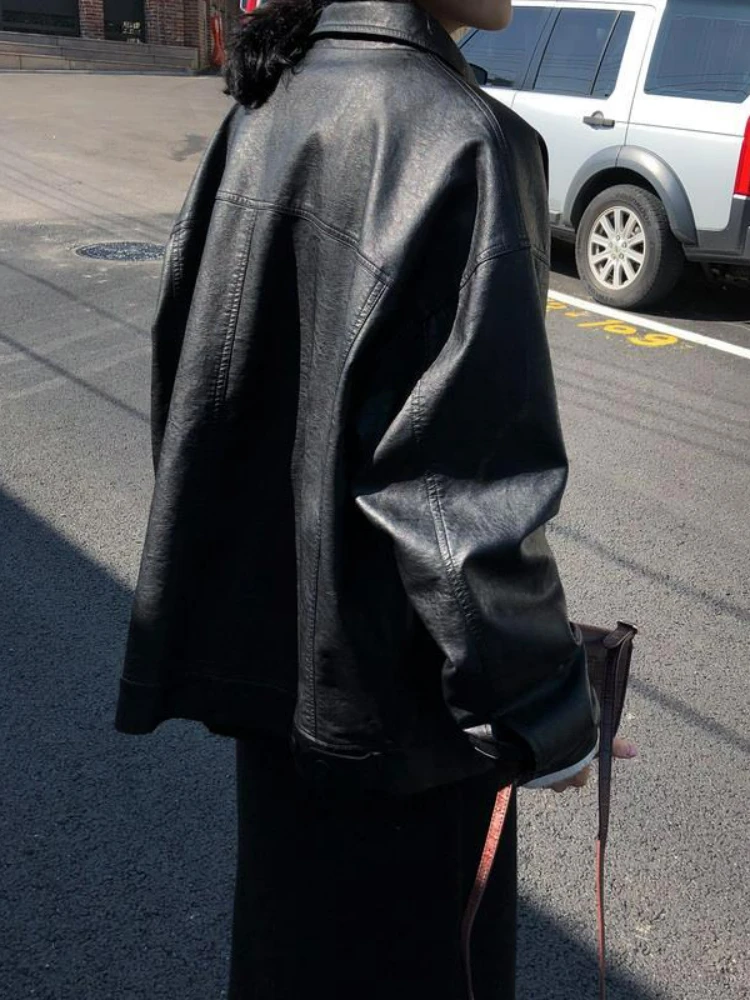 Winter Black Leather Jacket Women 2022 Autumn Korean Loose Thin Moto Jacket Female Fashion Streetwear Lady Outerwear Biker Coats
