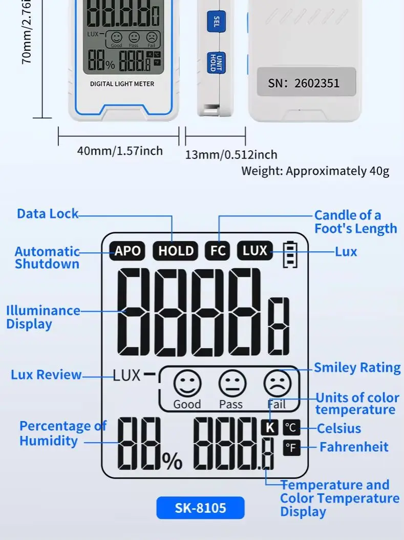 Фото SNAKOL SK-8105 Портативный мини-цифровой люксметр с измерителем влажности и температуры окружающей среды. №1