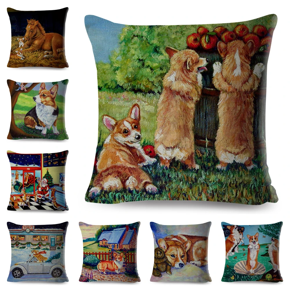 

Oil Painting Dog Pillow Case Decor Cartoon Welsh Corgi Pembroke Cushion Cover for Sofa Home Car Polyester Pillowcase 45x45cm