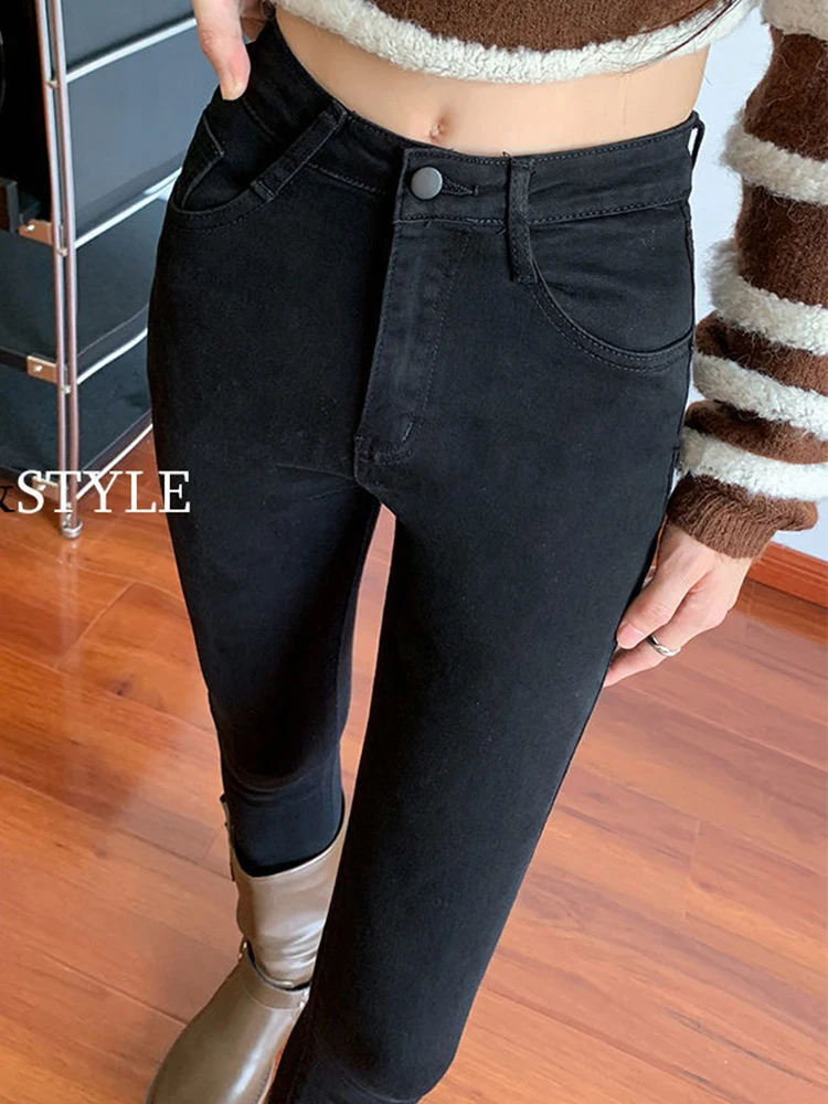 Зимние черные джинсы-карандаш длиной до щиколотки узкие плюшевые бархатные