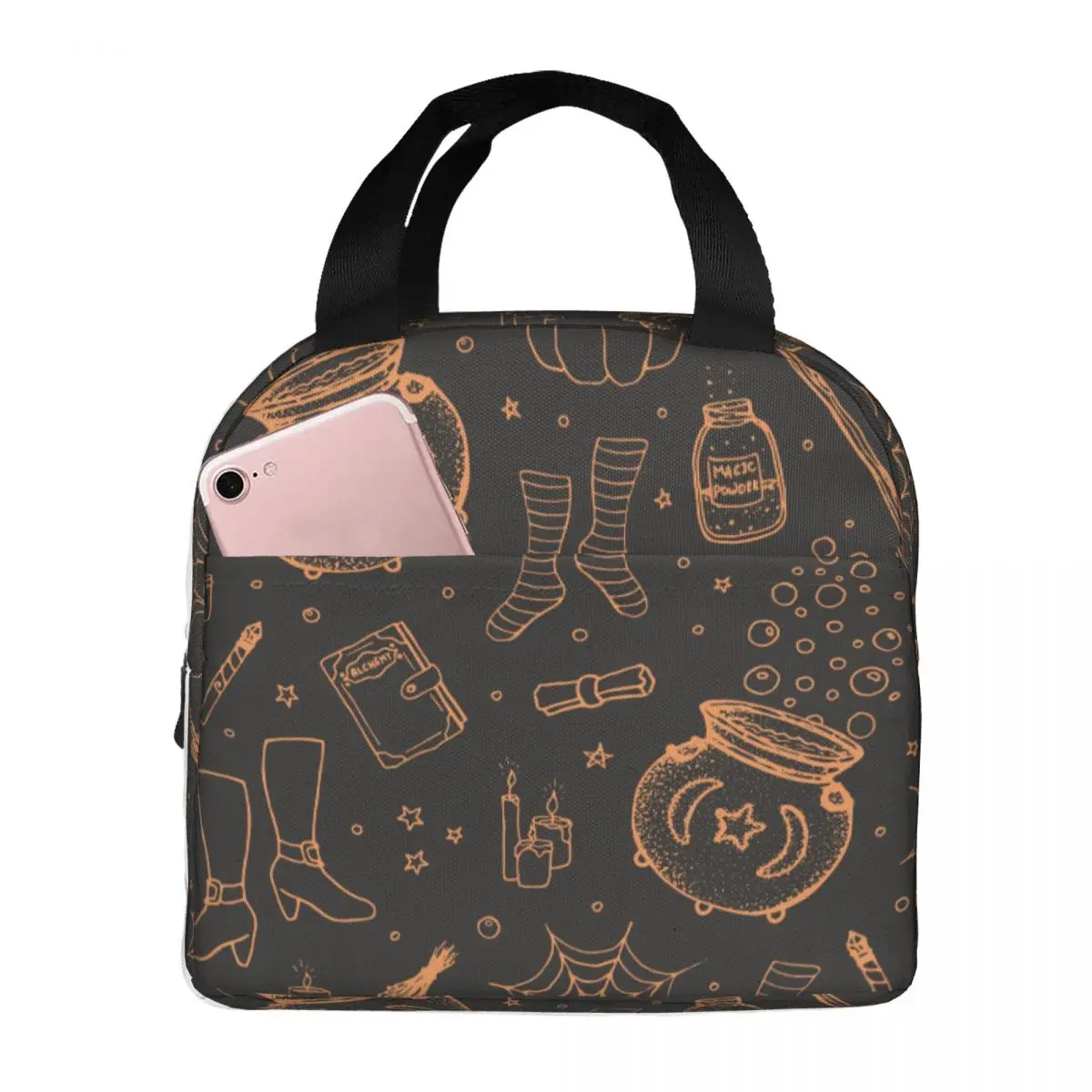 Halloween Pattern Pumpkin Witch's Broom Hat Lunch Bag Portable Insulated Cooler Thermal Cold Food Picnic Work Tote for Women
