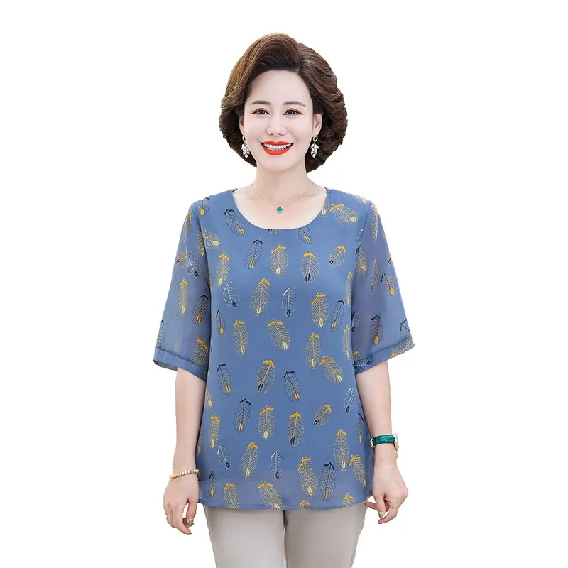 

Fashion Summer leaf embroidery Shirt Female Casual Slim Elegant Printed Blouse middle-aged mother Tops Blusas