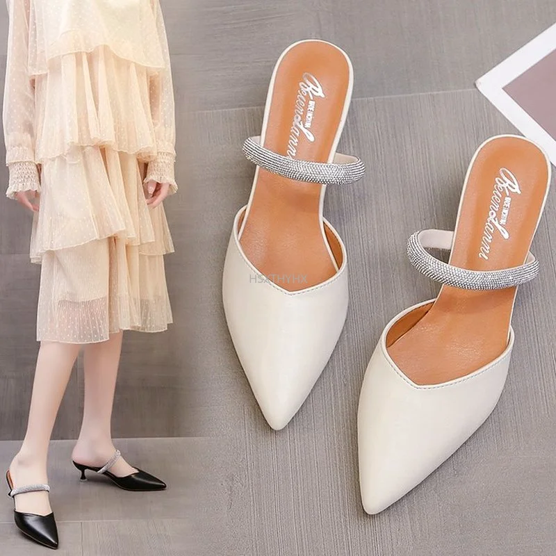 

Женские туфли-лодочки, модные новые мюли, женские сексуальные черные туфли с острым носком и стразами, дамские сандалии, блестящие туфли на ...