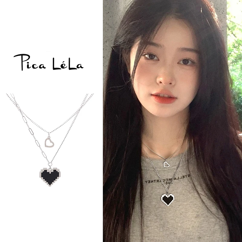 Черная мозаика Ins ожерелье в стиле хип-хоп двухслойное Twin Love Pixel персиковое сердце