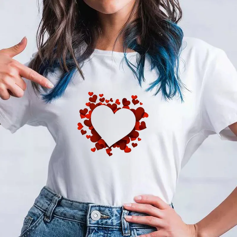 Short Sleeve T-shirts Women Heart Print O-neck Soft Casual Female Tees T-shirt 2022 New Summer Loose Fashion Basic Ladies Tops |