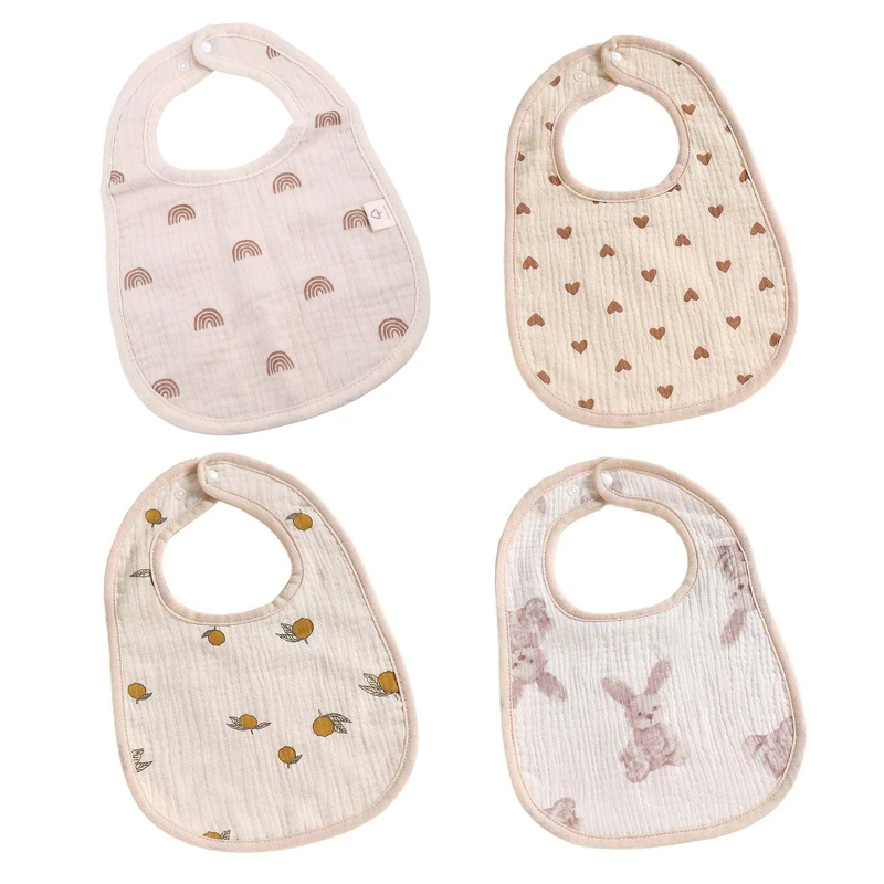 

57EE Baby Feeding Drool Bib Cartoon Printed Saliva Towel 6-layers Gauze Soft Cotton Snap Button Burp Cloth for Newborn