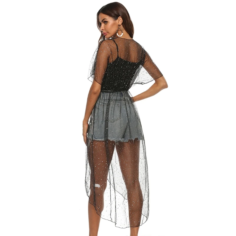 

Женский кардиган-кимоно с открытой передней частью, сетчатая накидка с металлическими блестками и завязками на талии, D5QD