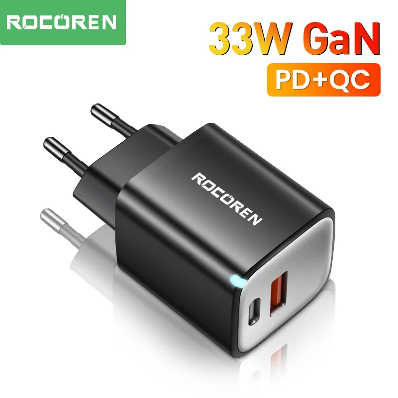 

Rocoren 33W GaN USB Type C Charger Quick Charge 4.0 3.0 PD Fast Charging Charger For iPhone 14 13 12 Pro iPad Air Xiaomi Samsung