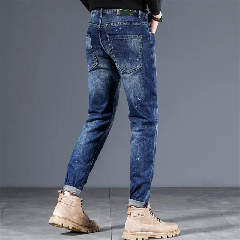 EH·MD® Micro Chapter Embroidered Jeans Men's Four Seasons Color Pants Legs Ink Splashed Cotton Cat Beard Slim Fit Elastic New 22
