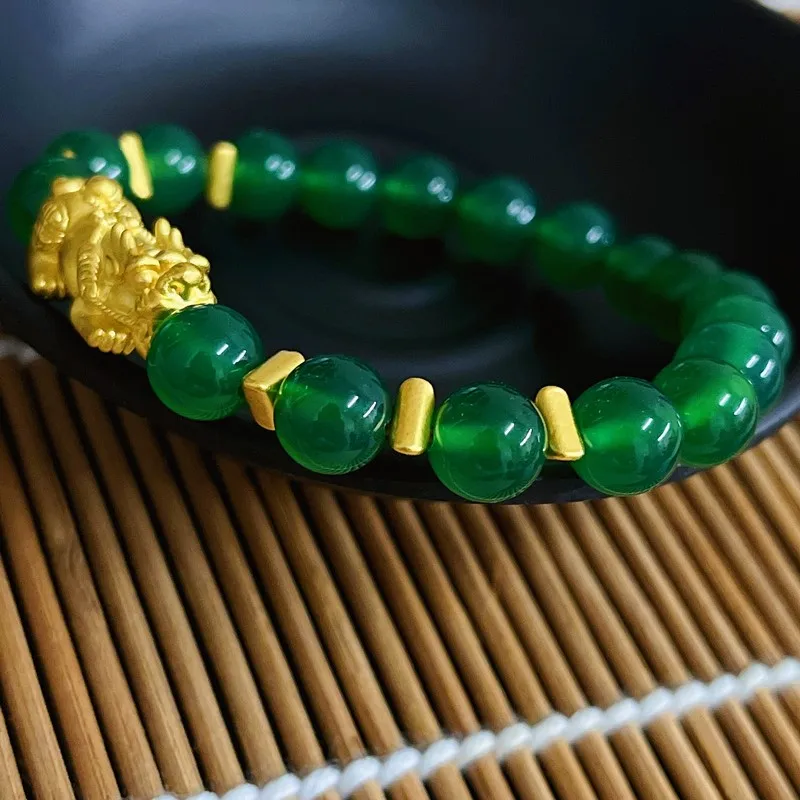 

1pcs Pure 999 24K Yellow Gold Men Women Pixiu Triangle Beads Bracelet 0.9-1.2g