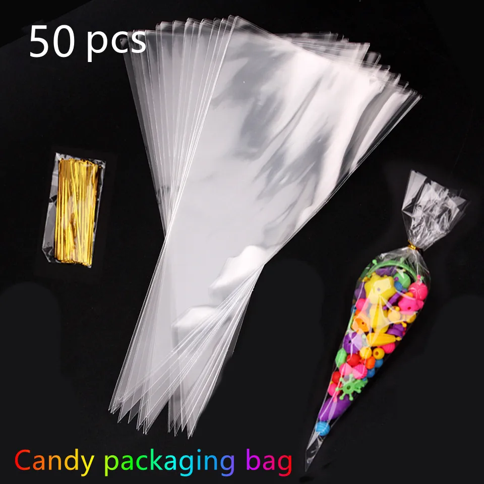 

50pcs Transparent candy packing Bags Wedding Birthday Party Decoration Sweet Cellophane Candy Bag Cone Storage Packaging Bag