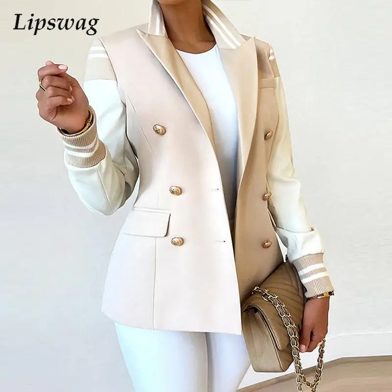 

Autumn Winter Fashion Stitching Lapel Button Slim Jacket Women Elegant Long Sleeve Coat Ladies Sexy Polo Collar Commute Blazer