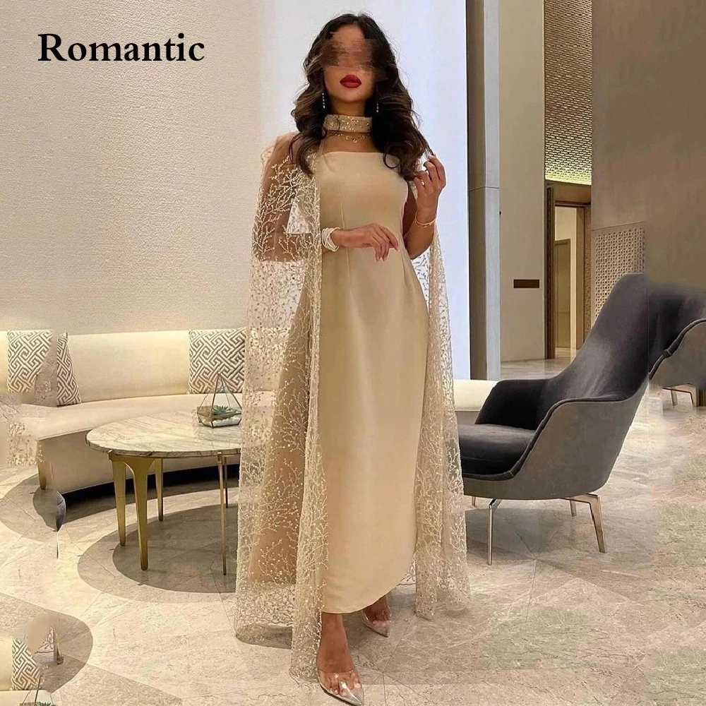 

Xijun Luxury Dubai Champagne Muslim Midi Evening Dress Women Wedding Long Sleeves Arabic Formal Gowns Ankle Length Prom Dress