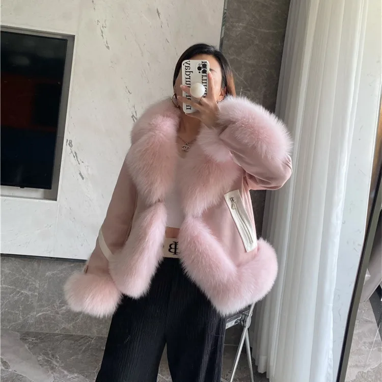 Fall/winter fox fur fur collar down jacket young women short Genuine Leather Thick Warm fur collar outerwear fashion tops 2023