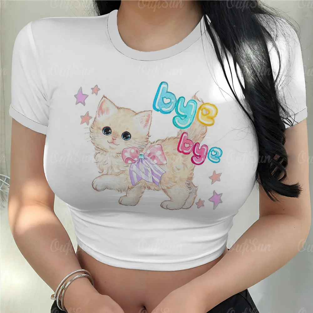 

Короткий топ с забавным принтом кота, женская одежда в эстетике, футболки Y2k на лето 2023, милая Женская приталенная футболка с круглым вырезом и коротким рукавом, Детская футболка