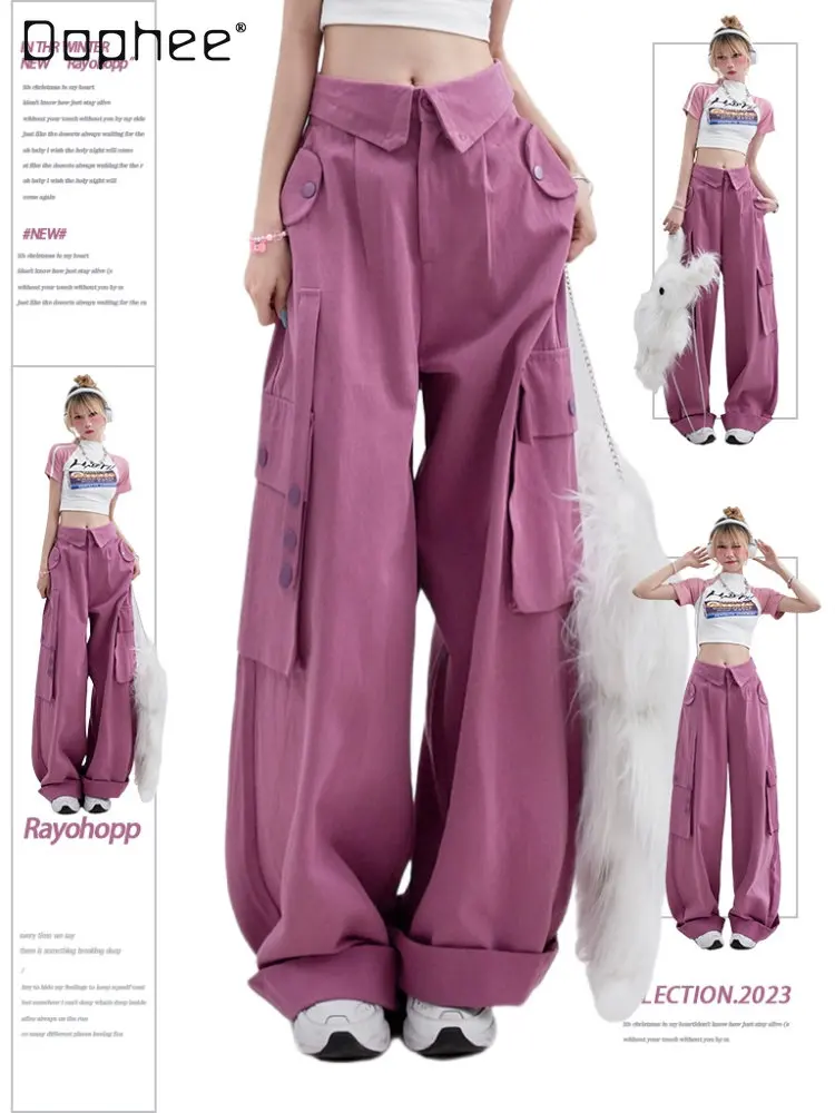 Loose Cargo Pants Women Summer Wear 2023 New Streetwear Woman Multi-Pocket Solid Color High Waist Flip Waist Trousers Femininas