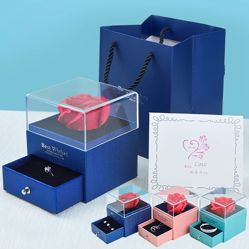 

Rose Flower Gift Showcase Ring Earrings Necklace Storage Transparent Acrylic Wedding Valentines Package Display Jewellery Box