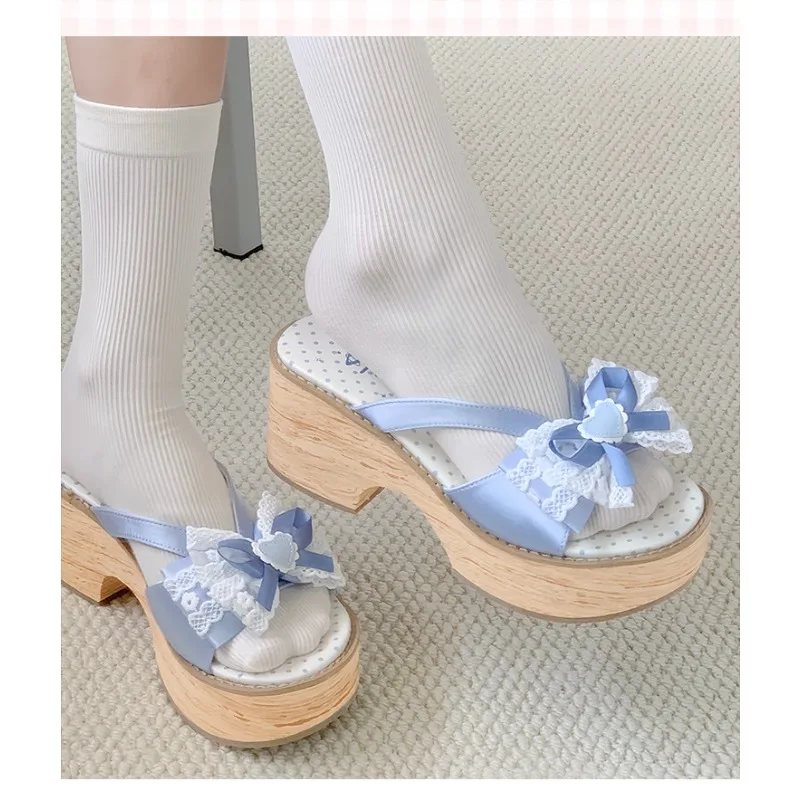 Фото Женские летние сандалии Sweet Bow на толстой платформе с эффектом дерева, удобные, в японском стиле, на высоком каблуке №4
