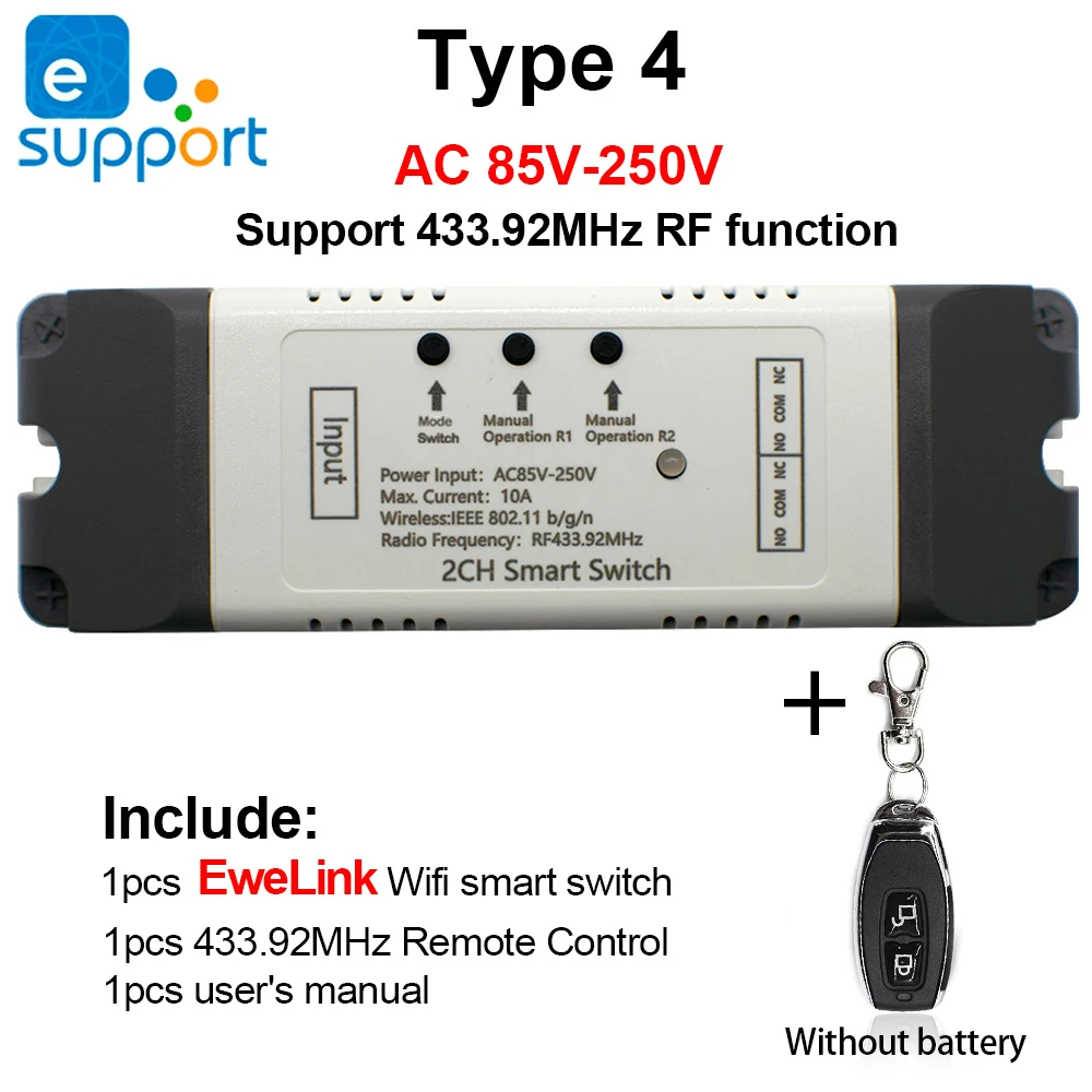 

EWelink DIY WiFi Switch Smart Garage Door Opener Relay 2CH 12V 24V 110V 220V 250V WIFI RF 433MHZ Receiver Inching Self-locking