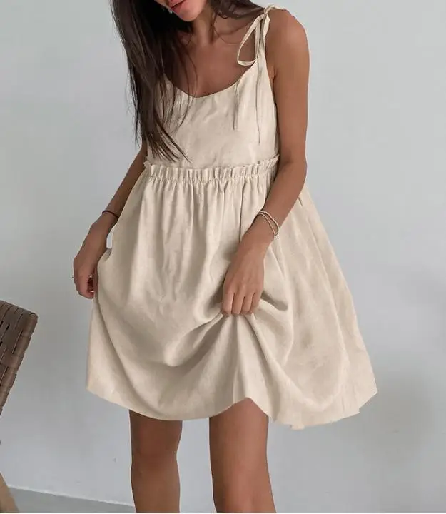 

New Women Spaghetti Strap Sleeveless Dress Summer Solid Color Bandage Loose A-Line Party Dress For Beach Cocktail Nightclub