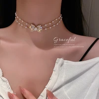 real gold electroplating korean pearl diamond necklace bow double layer necklace party temperament clavicle chain necklace women