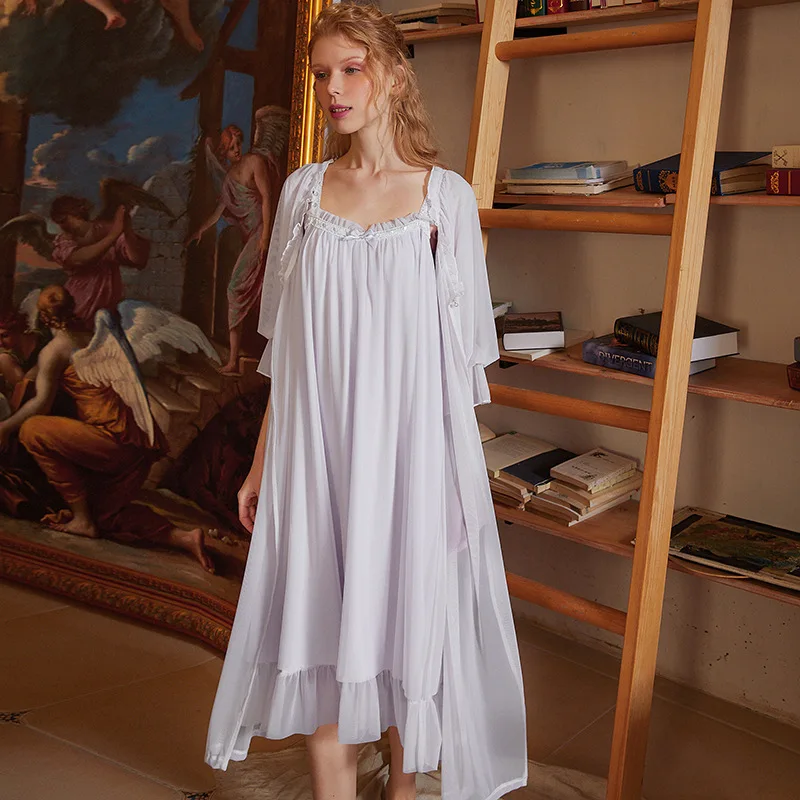 Women's Retro Court Style Elegant Gauze Stitching Slip Dress Outer Robe Two Piece Set Cotton Nightgowns Sleepshirts Sleepwear